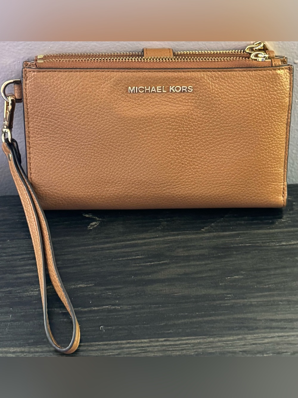 Michael Kors Tan Pebbled Leather Wristlet with Gold Hardware